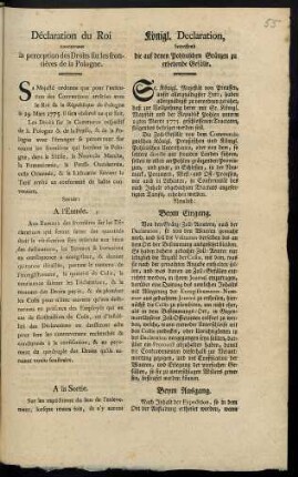 Déclaration du Roi concernant la perception des Droits sur les frontières de la Pologne : [Berlin, ce 24. May 1775.]