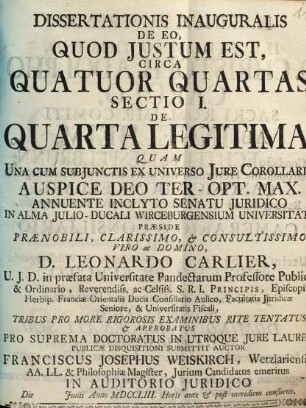 Dissertationis Inauguralis De Eo, Quod Iustum Est, Circa Quartuor Quartas Sectio I. De Quarta Legitima