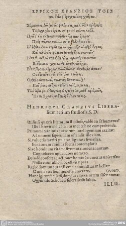 HENRICUS CRANZIUS LIBERALIUM artium studiosis S.D.