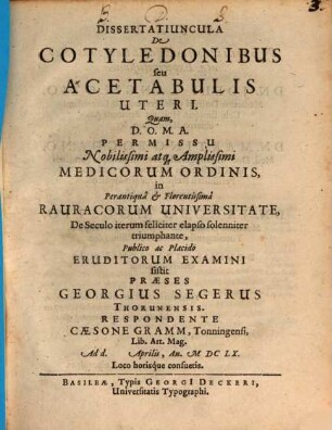 Dissertatiuncula De Cotyledonibus seu Acetabulis Uteri