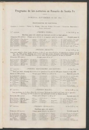 Programa de las carreras en Rosario de Santa Fe - domingo, noviembre 30 de 1902