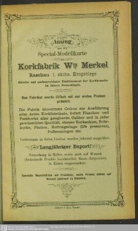 Auszug aus der Special-Modellkarte der Korkfabrik Wm. Merkel Raschau i. sächs. Erzgebirge