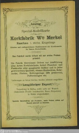 Auszug aus der Special-Modellkarte der Korkfabrik Wm. Merkel Raschau i. sächs. Erzgebirge