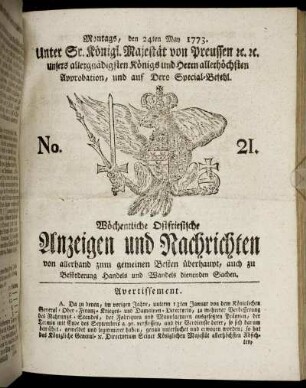 No. 21. Montags, den 24ten May 1773.