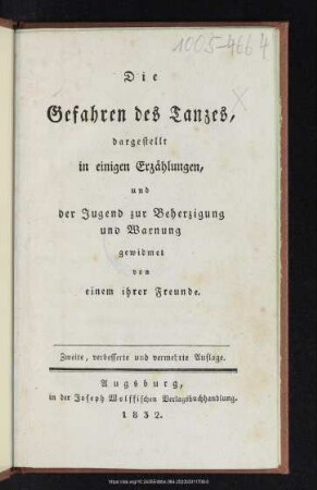 Die Gefahren des Tanzes, dargestellt in einigen Erzählungen, und der Jugend zur Beherzigung und Warnung