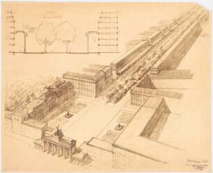 Umgestaltung der Straße Unter den Linden, Berlin: Perspektivische Ansicht des Pariser Platzes, Querschnitt mit Detail der Fußwegüberdachung