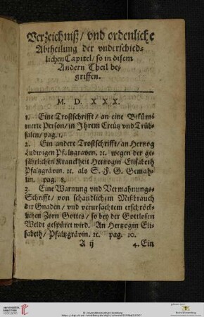 Verzeichniß, vnd ordentliche Abtheilung der vnderschiedlichen Capitel, so in disem Andern Theil begriffen