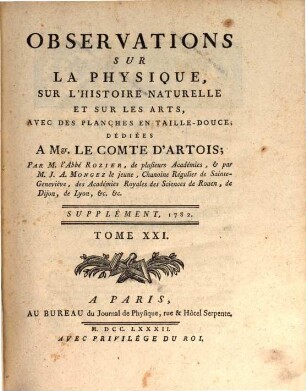 Observations sur la physique, sur l'histoire naturelle et sur les arts. 21. 1782, Suppl.