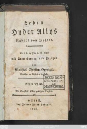 Theil 1: Leben Hyder Allys Nabobs von Mysore