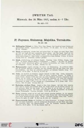 F) Fayence, Steinzeug, Majolika, Terrakotta (Nr. 622-688)