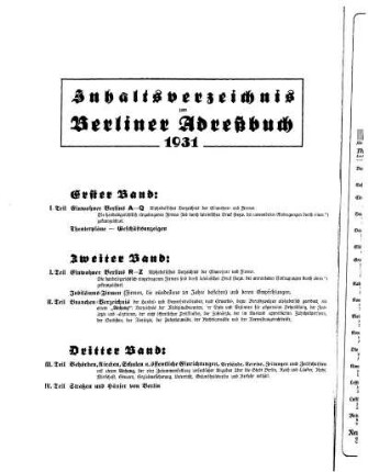 Inhaltsverzeichnis zum Berliner Adreßbuch 1931
