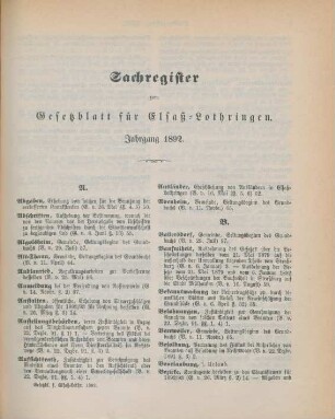 Sachregister zum Gesetzblatt für Elsaß-Lothringen. Jahrgang 1892
