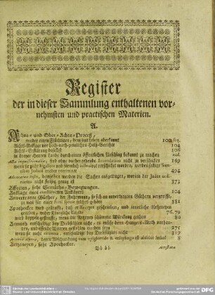 Register der in dieser Sammlung enthaltenen vornehmsten und practischen Materien