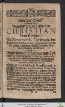 Koenigl. Majest. zu Dennemarck Kriegs-Artickels-Brieff.
