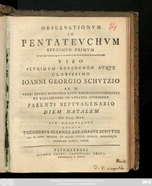 Specimen 1: Observationvm In Pentatevchvm Specimen ...