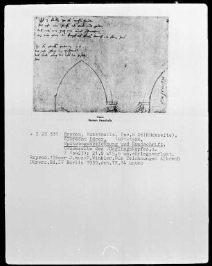 Kopf mit lockigem Haar (Studie zu einem Engel) — Geometrische Konstruktion von Spitzbögen und sieben Zeilen von Dürers Hand, Folio verso