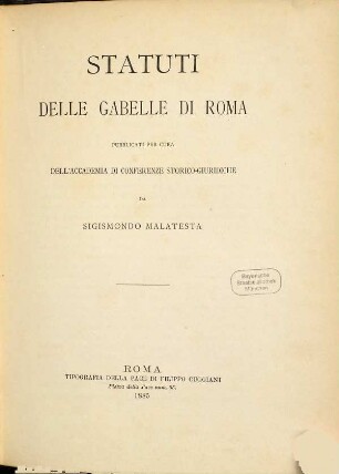 Statuti delle gabelle di Roma : (con una tavola in eliotipia)