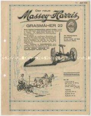 Grasmäher von der Firma Massey-Harris und Co. in Kanada
