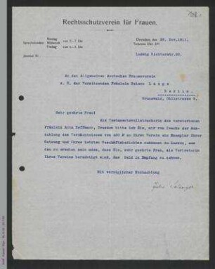Brief von Julie Salinger an Helene Lange