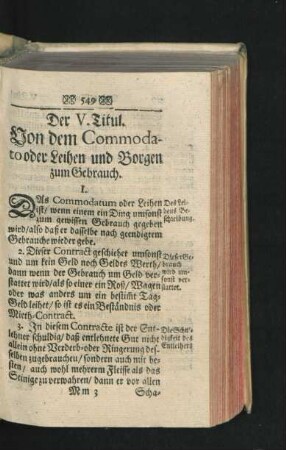 Der V. Titul. Von dem Commodato oder Leihen und Borgen zum Gebrauch.