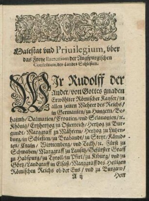 Maiestat und Privilegium, uber das Freye Exercitium der Augspurgischen Confession, des Landes Schlesien.