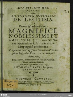 Disputationem Inauguralem De Legitima : Ad diem [...] Novembris, Anni 1642.
