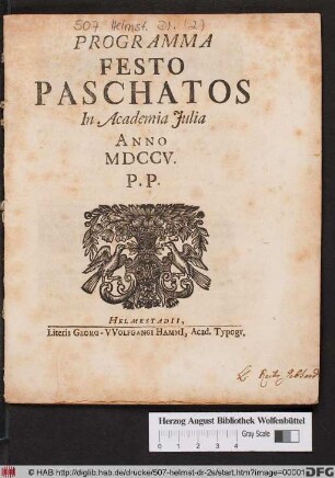 Programma Festo Paschatos In Academia Julia Anno MDCCV P.P