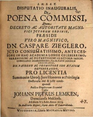 Disputatio inauguralis, de poena commissi