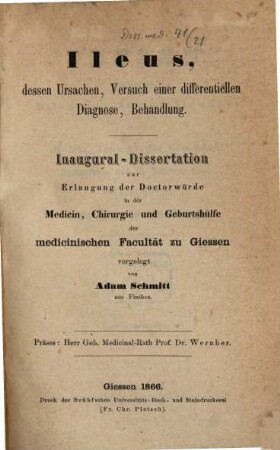 Ileus, dessen Ursachen, Versuch einer differentiellen Diagnose, Behandlung