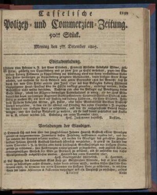 50tes Stück. Montag, den 7ten December 1807