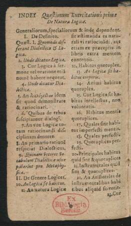 Index Quaestionum Exercitationis primae De Natura Logicae.