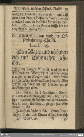Am ersten Sontage nach der Offenbahrung Christi. Luc. II, 48