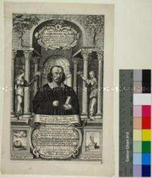 Porträt des lutherischen Theologen Abraham Calovius vor einer Architekturkulisse