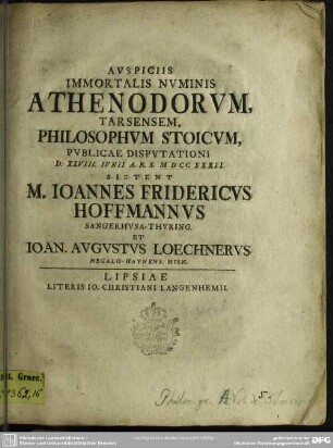 Auspiciis Immortalis Numinis Athenodorum Tarsensems, Philosophum Stoicum