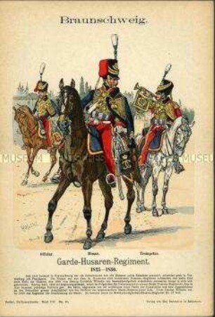 Uniformdarstellung, Offizier, Gemeiner und Trompeter des Garde-Husaren-Regiments, Herzogtum Braunschweig, 1825/1830.