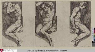 [Drei nackte Männer in unterschiedlichen Posen; Six figures d'hommes nuds qui sont aux côté des portes de la galerie, et qui soutiennent les tableaux d'Andromède et de Persée]]