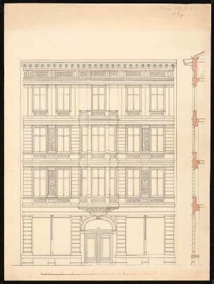 Wohnhäuser Ritterstraße 61-65, Berlin-Kreuzberg: Wohnhaus Knoblauch Nr. 64: Ansicht und Fassadenschnitt vertikal