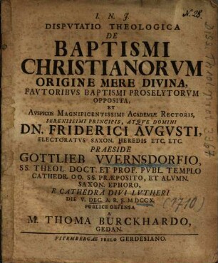Dispvtatio Theologica De Baptismi Christianorvm Origine Mere Divina, Favtoribvs Baptisimi Proselytorvm Opposite