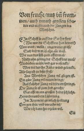 Von frucht/ nutz und frommen/ auch unrath grossem schaden und mißbrauch der Zungen des Menschen.