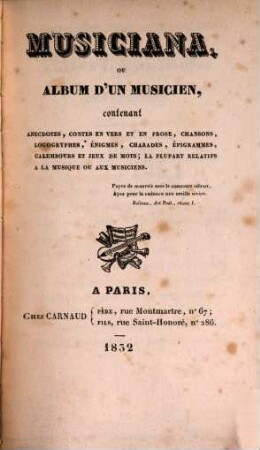 Musiciana ou Album d'un musicien : contenant anecdotes ... chansons