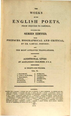 The works of the English poets, from Chaucer to Cowper : in 21 volumes, 6. J. Beaumont, G. and P. Fletcher, F. Beaumont, Browne, Davenant, Habington, Suckling, Cartwright, Crashaw, Sherburne, Brome, C. Cotton