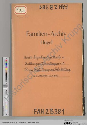 Schreiben und Quittungen von Alfred Krupp sowie der Firma Krupp an Fritz Sölling (Elberfeld/Köln), Bd. 1: 28. September 1843 bis 31. März 1846