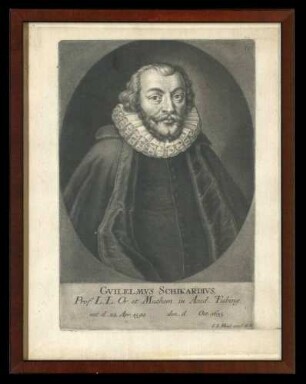 Kupferstich Wilhelm Schickard (1592-1635), Astronom, Geodät und Mathematiker, Stecher I.I. Haid, 27 cm hoch x 21 cm breit, im Glasrahmen
