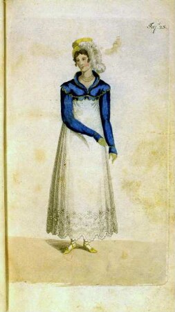 Biedermeier Mode aus: Journal für Literatur, Kunst, Luxus und Mode, Bd. 33, Jg. 1818 — Tafel 25: Dame mit Kleid und Kopfschmuck