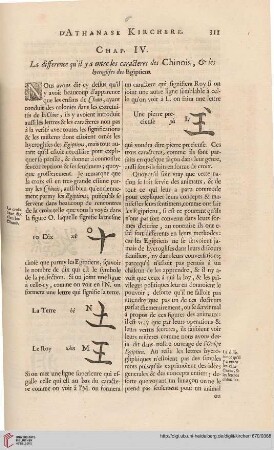 Chap. IV: La difference qu'il y a entre les caracteres des Chinois, & les hyeroglifes des Egiptiens