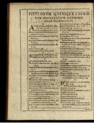 Titulorum Quinque Librorum Decretalium Gregorii, Index Alphabeticus