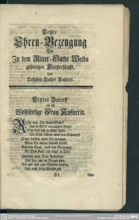 Letzte Ehren-Bezeugung Der Zu dem Ritter-Guthe Walda gehörigen Priesterschafft, Und Desselben Guthes Pachters