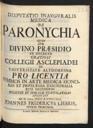 Disputatio Inauguralis Medica De Paronychia