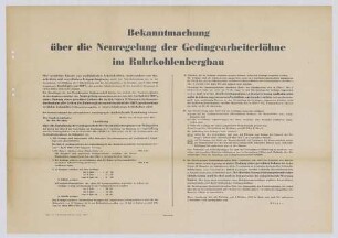 "Bekanntmachung über die Neuregelung der Gedingearbeiterlöhne im Ruhrkohlenbergbau"