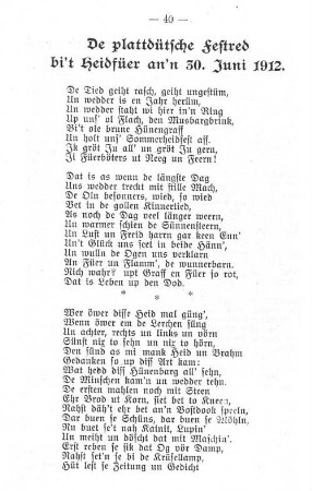 De plattdütsche Festred bi't Heidfüer an'n 30. Juni 1912.